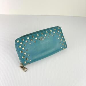 Leather coach studded turquoise Zip around wallet with gold accents coin pouch
